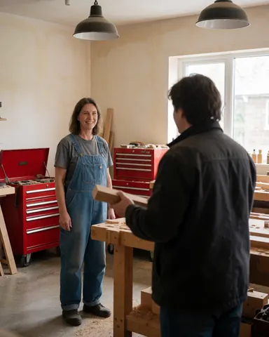 Smiling woman in overalls and man holding wood piece in industrial carpentry workshop with tools and lights