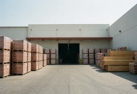 Warehouse entrance showing stacked brick and wood pallets on clean pavement under a clear sky