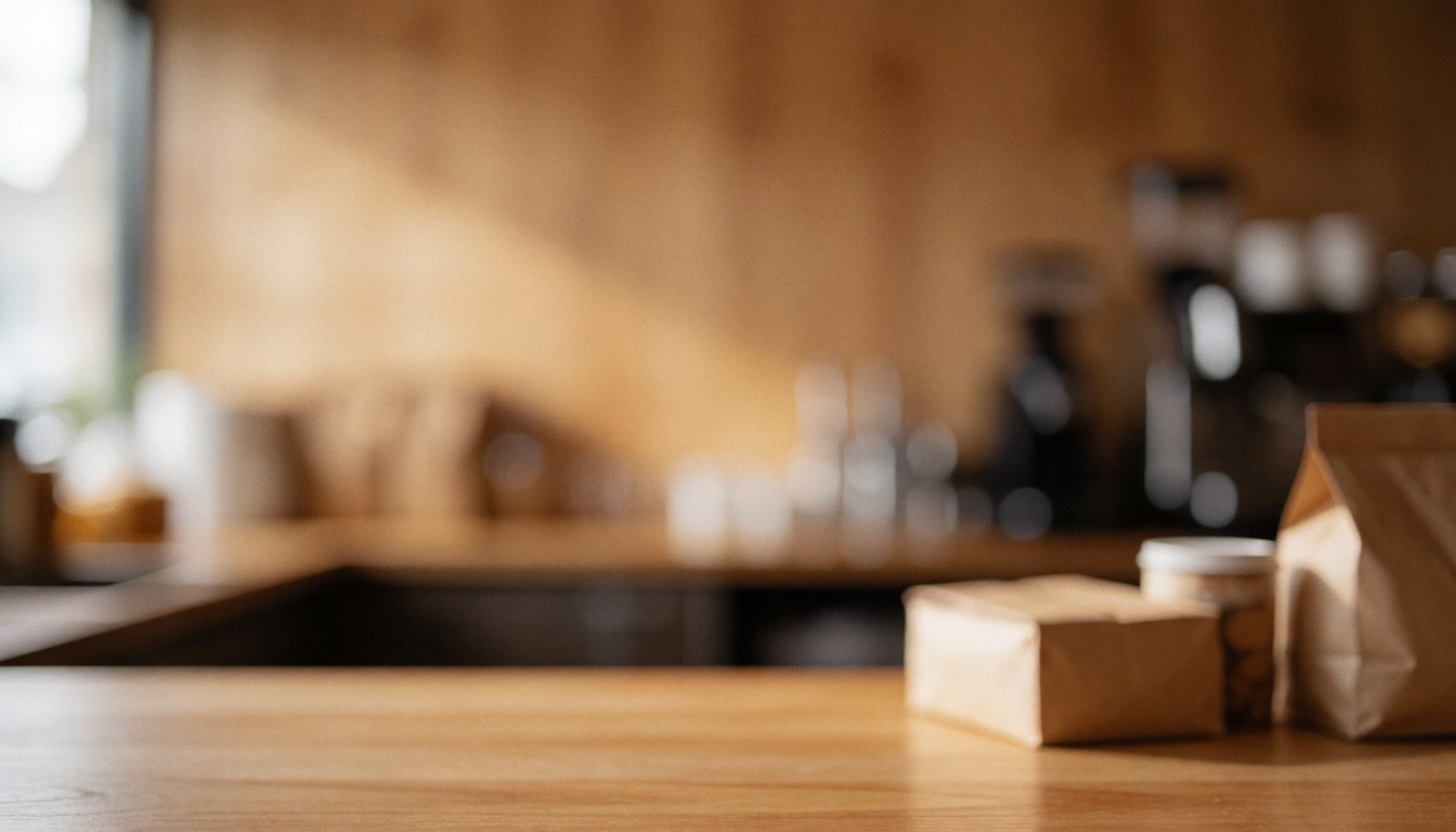 Soft focus cafe interior with wooden elements and gentle lighting, providing ample copy space at the top for text overlays
