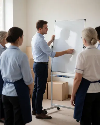 Psychologist adjusting a whiteboard in a therapy room with a group, creating a professional workspace environment