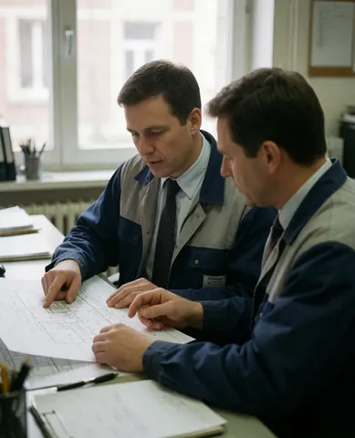 Two electricians in an office review technical blueprints with natural light, one pointing out details while wearing work jackets and ties