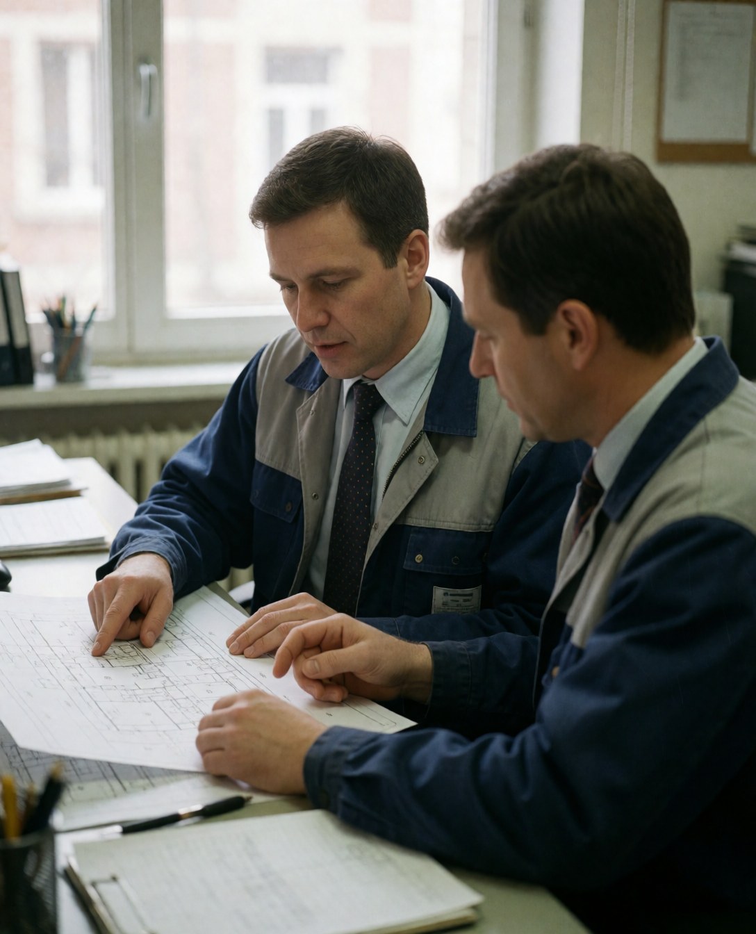 Two electricians in an office review technical blueprints with natural light, one pointing out details while wearing work jackets and ties