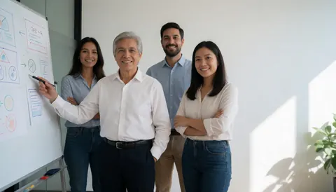 Four smiling professionals in a modern office meeting with diagrams on a whiteboard