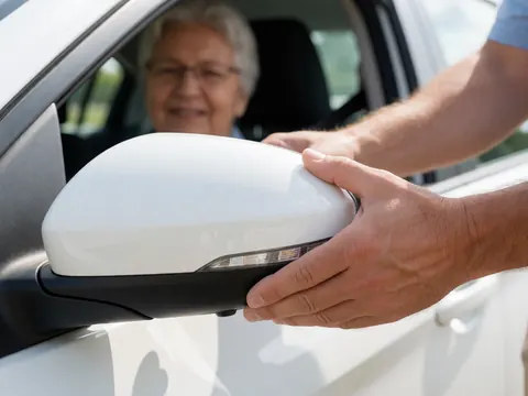 Close up of instructor hand adjusting side mirror of white car with smiling woman in background on sunny day