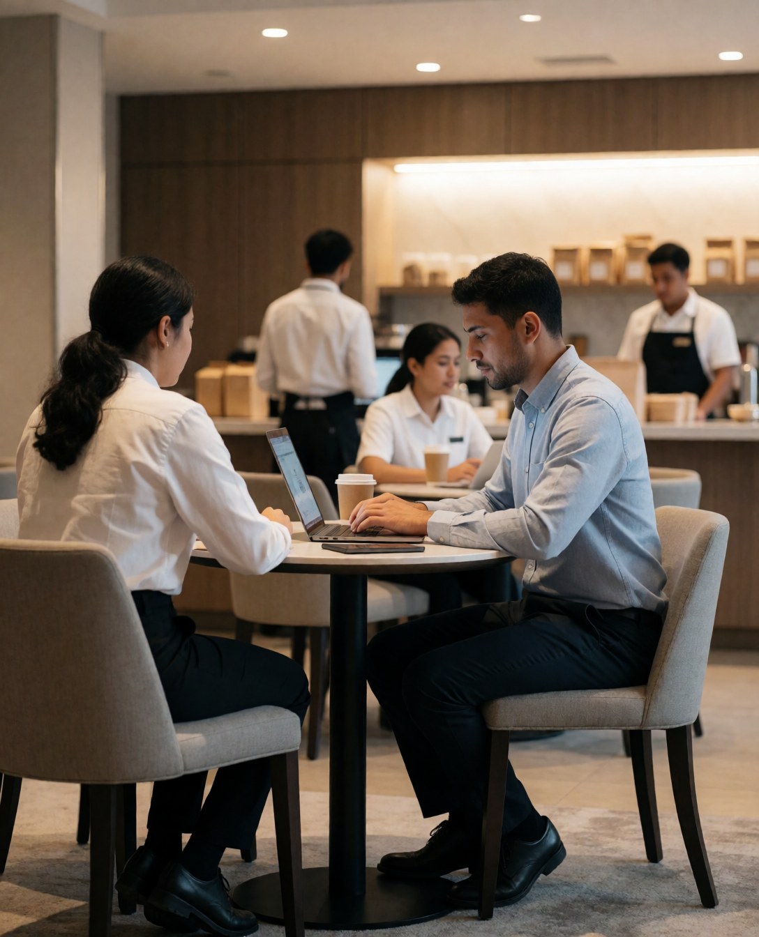 A young man works on his laptop at a hotel lounge table with a coffee cup nearby while a woman sits beside him in a modern setting.