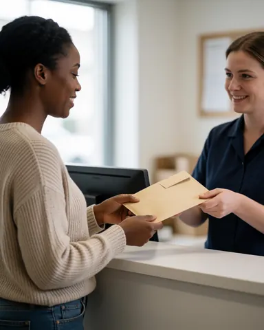 A professional woman hands an envelope to a patient at a medical clinic reception desk during a routine visit