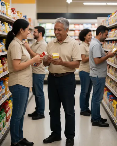 A smiling man and woman compare items on a supermarket shelf while chatting with other shoppers nearby