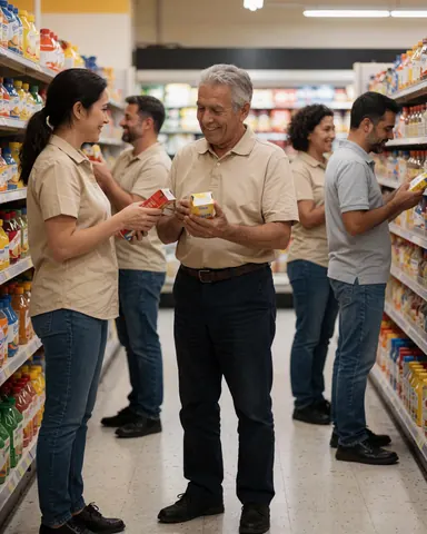 A customer compares products with an employee in a minimarket aisle, both smiling while holding product boxes.