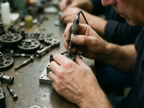 Adult hands working with precision tools on a mechanical component with blurred gears and bolts in an industrial workshop