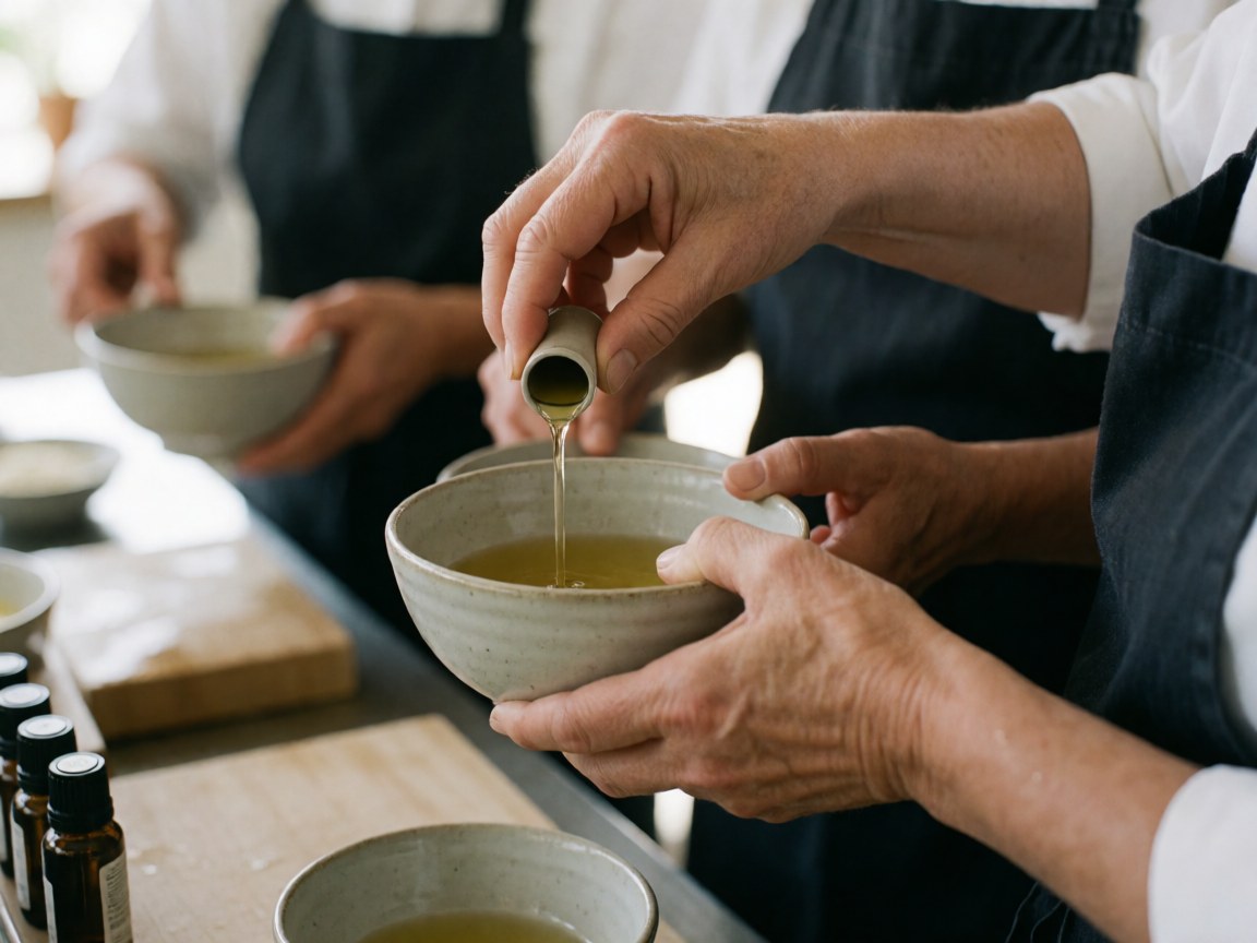 Close-up of hands pouring essential oil into ceramic bowls for a relaxing spa treatment with soft textures