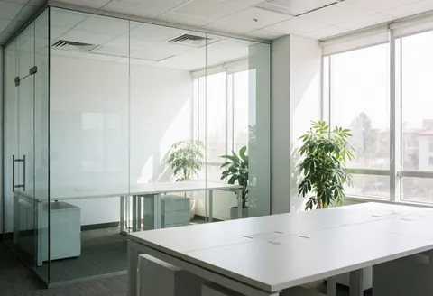 Empty modern office featuring white desks, glass walls, and green plants under bright natural light