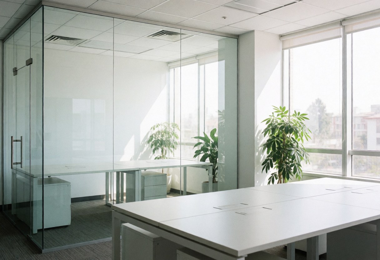 Empty modern office featuring white desks, glass walls, and green plants under bright natural light