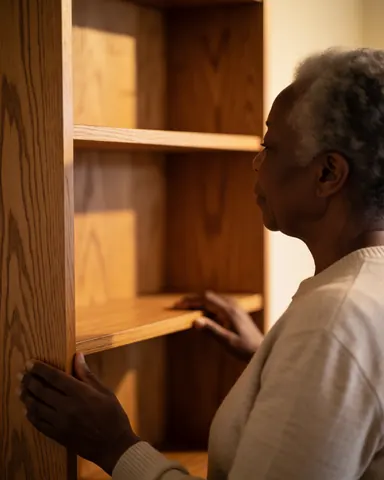 An older woman with gray hair looks at a new wooden shelf in her home, with warm light and hands on the furniture.