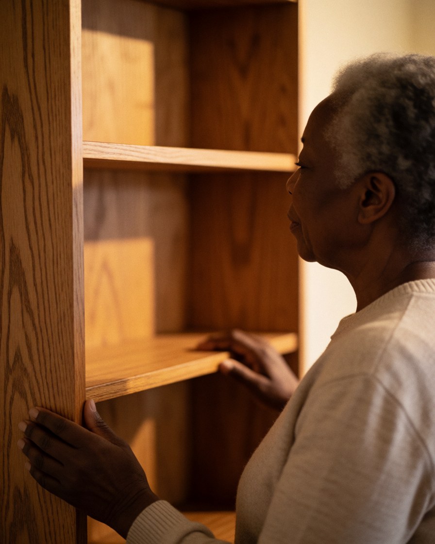 An older woman with gray hair looks at a new wooden shelf in her home, with warm light and hands on the furniture.