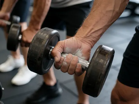 Close-up view of hands gripping dumbbells with chalk dust on the gym floor and people training in the background