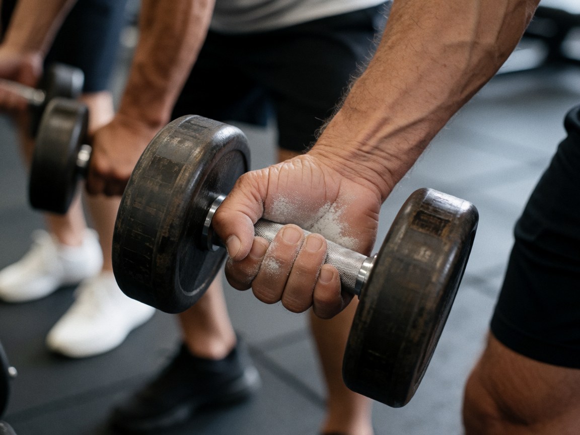 Close-up view of hands gripping dumbbells with chalk dust on the gym floor and people training in the background