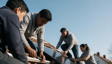 Four technicians install solar panels on a house roof under a clear blue sky while focusing on their work