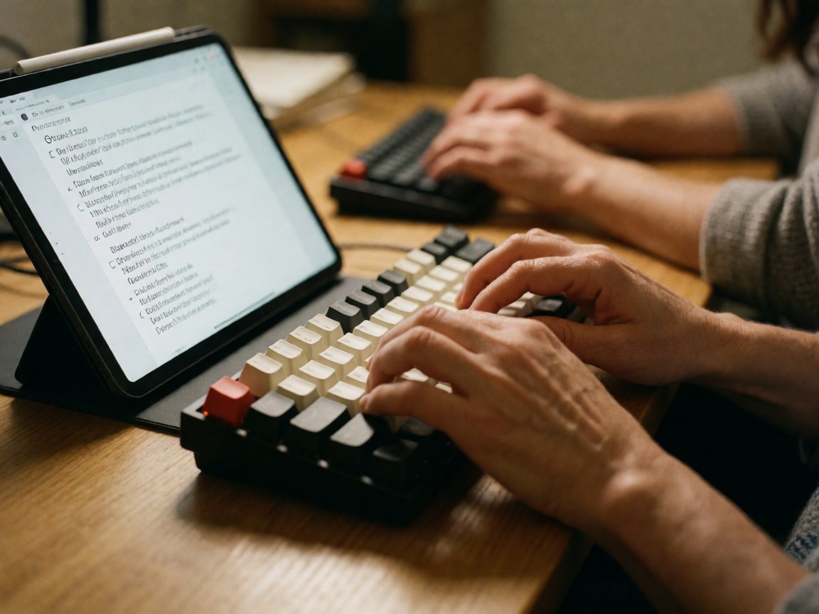 Close-up of adult hands typing on a black and white mechanical keyboard with a tablet displaying online course notes on a wooden desk