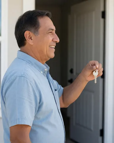 A smiling middle-aged man holds a new house key in front of the entrance door during the day.