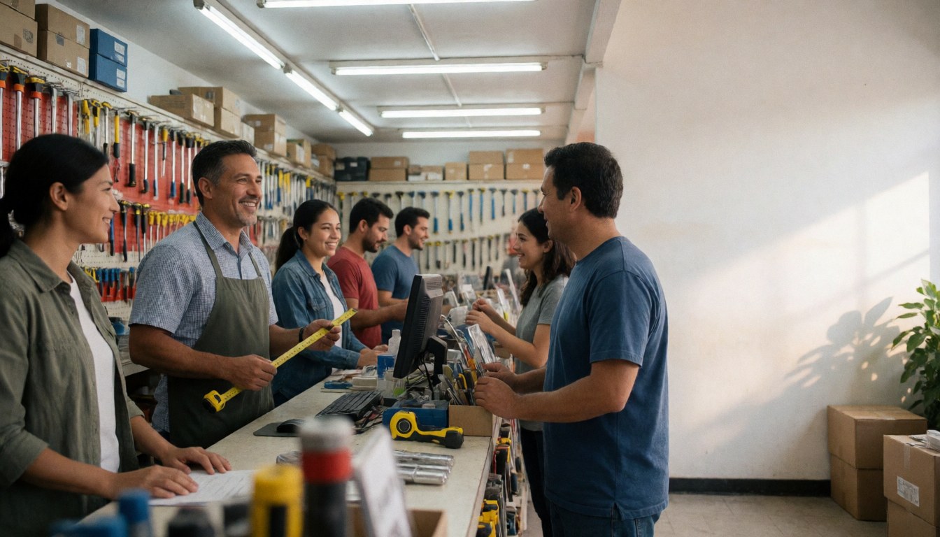 A smiling employee helps a customer in a hardware store with shelves of tools and other staff working in the background
