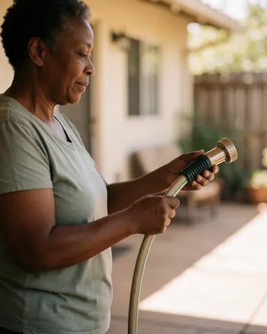 An older woman examines a garden hose in her backyard with a satisfied expression under warm natural light