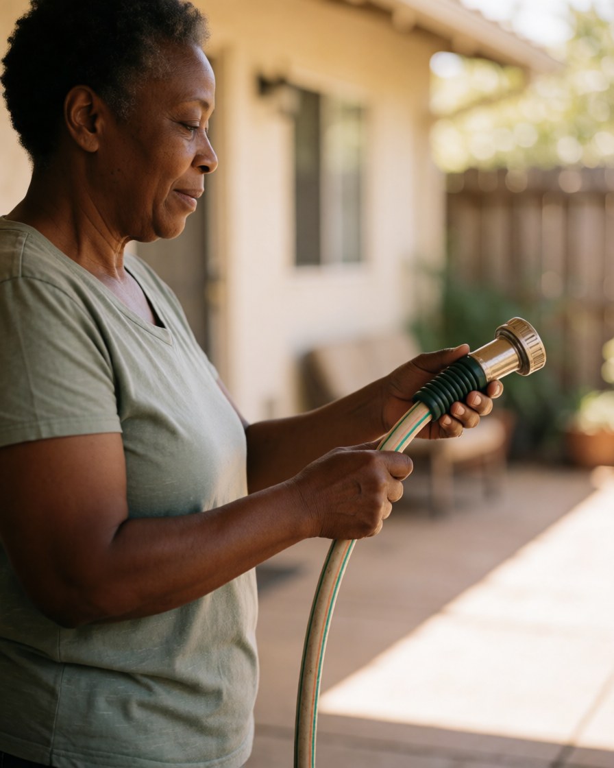 An older woman examines a garden hose in her backyard with a satisfied expression under warm natural light