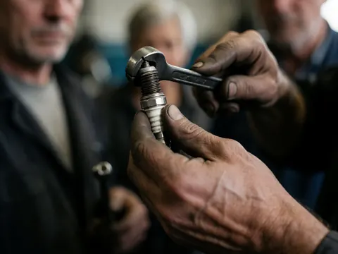 Close-up of mechanic hands using a metal wrench to adjust a spark plug in an auto repair shop with blurred background