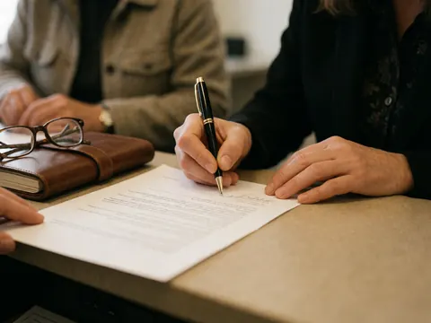 Person signing a document with a black pen near a leather notebook and glasses on an office desk with warm lighting