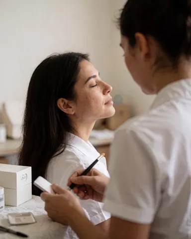 A woman with her eyes closed receives a facial treatment from an esthetician in a beauty clinic.