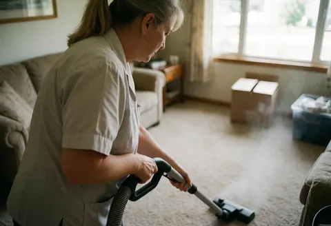 A woman in uniform vacuums a living room carpet, with furniture and boxes visible in the background during a home cleaning service.