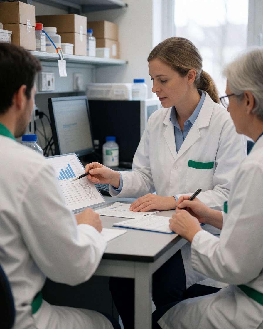 A clinical technician reviews laboratory data while collaborating with team members to ensure effective communication and teamwork.