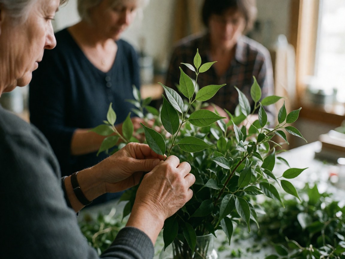 Close-up of hands arranging green foliage in a florist studio with natural light and blurred background