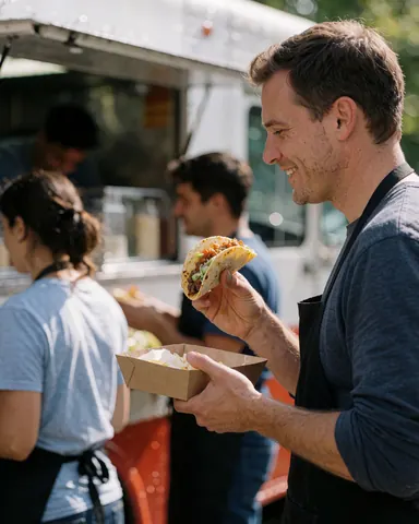 A man smiles while holding a freshly made taco in front of a food truck.