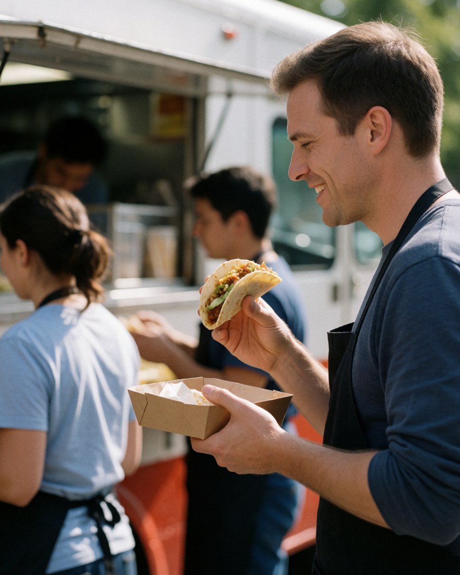 A man smiles while holding a freshly made taco in front of a food truck, with other customers waiting in line.
