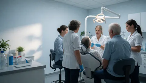 Dental team attending an elderly patient with surgical tools and overhead light in clinic.