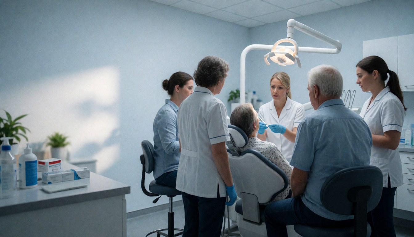 Dental team attending an elderly patient with surgical tools and overhead light in clinic.