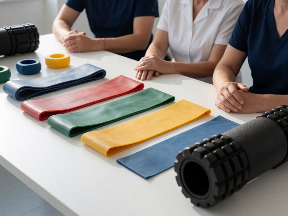 Three physical therapists seated at a white table with resistance bands and massage rollers, during a work meeting.