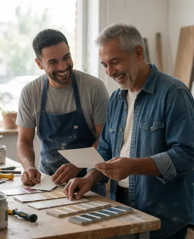 Two smiling men inspecting paint swatches on a wooden table with tools in a workshop