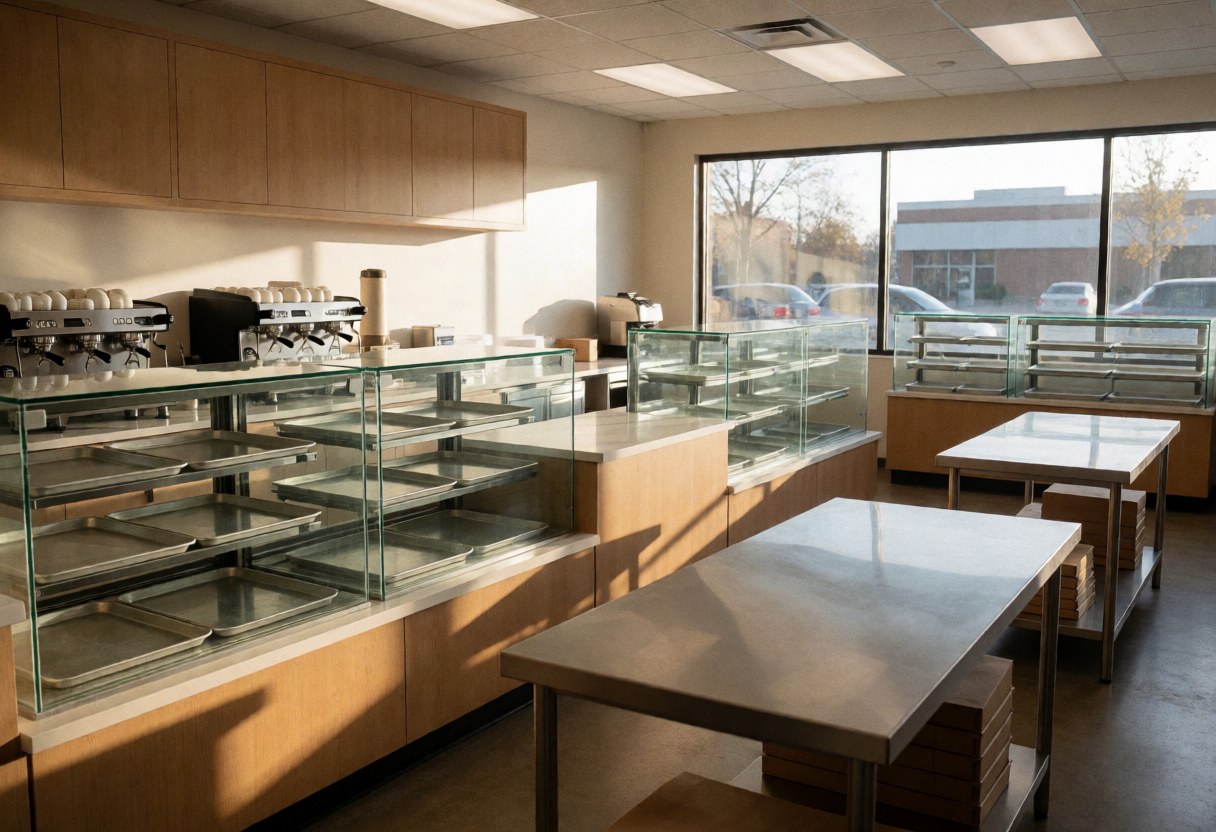 Sunlit empty bakery interior featuring glass counters, coffee machines, and stainless steel tables ready for business
