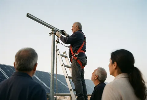 Senior technician with harness installs solar structure on roof while others observe under clear sky during field work