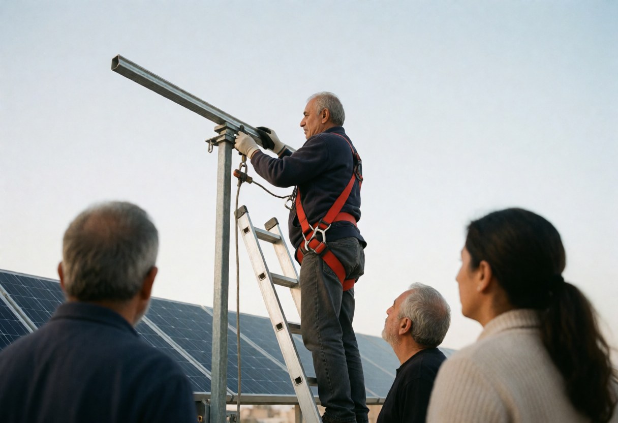 Senior technician with harness installs solar structure on roof while others observe under clear sky during field work