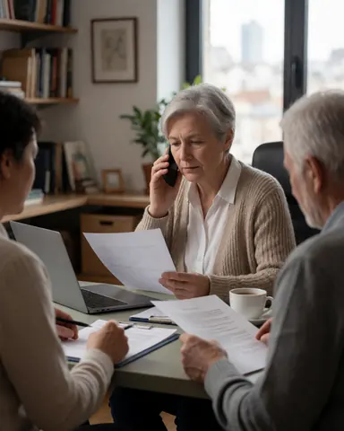 Female business owner reviewing documents while talking on the phone with a laptop and coffee nearby