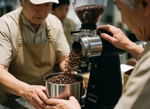 Two people in aprons grinding coffee beans with an electric grinder into a metal container at a coffee shop.