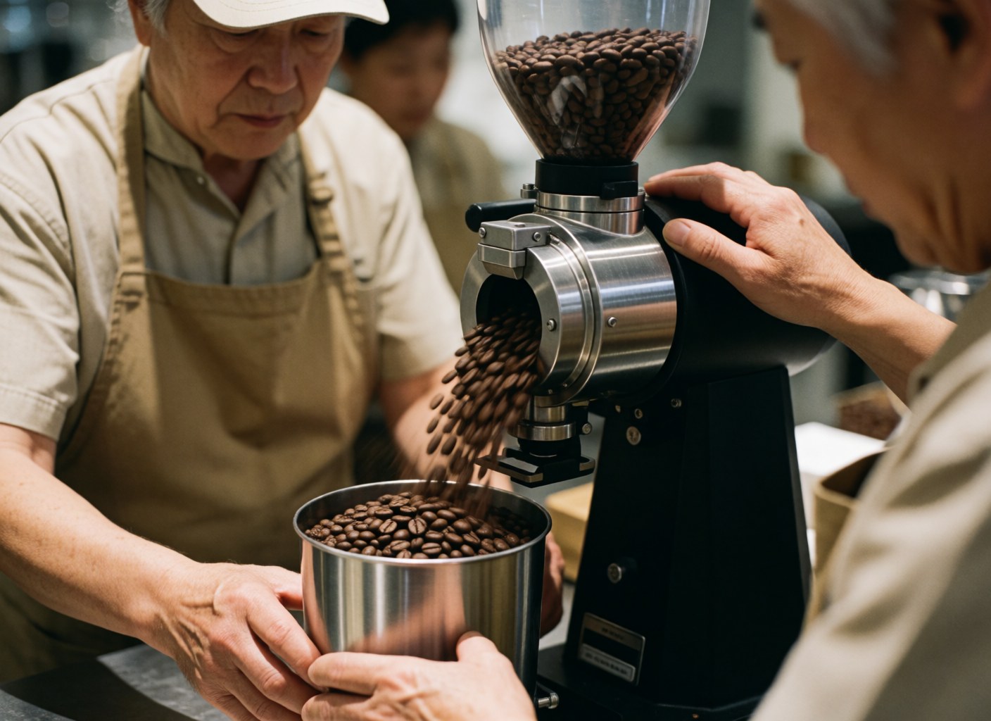 Two people in aprons grinding coffee beans with an electric grinder into a metal container at a coffee shop.