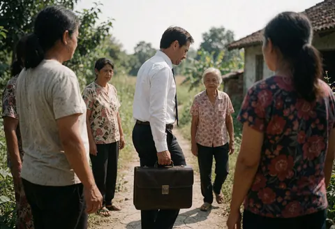 Insurance agent with briefcase walking on rural path talking to several people.