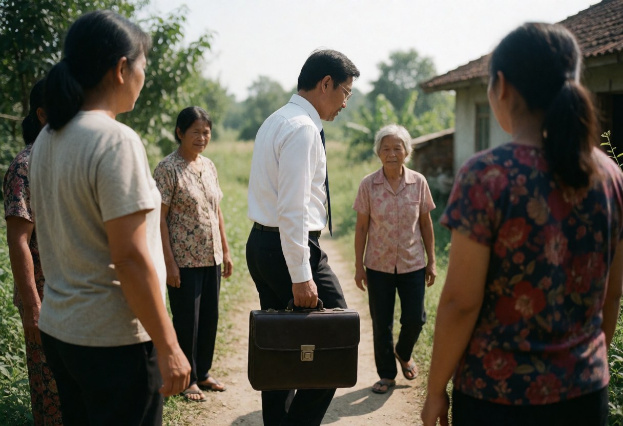 An insurance agent with a briefcase walks along a rural path while several people watch him.