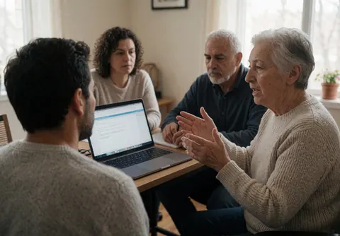 A senior teacher teaching a group in an office with a computer and documents.