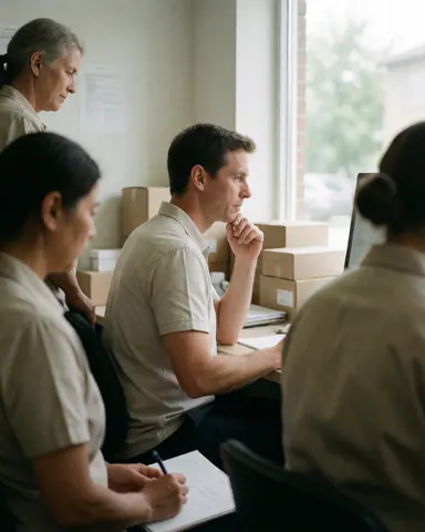 Four people working in an office with natural light, one woman takes notes, one man looks at a computer, and cardboard boxes are in the background.