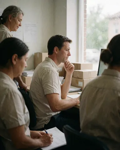 Four workers in an office, seated at desks, reviewing documents and using computers, with natural light coming through a window.