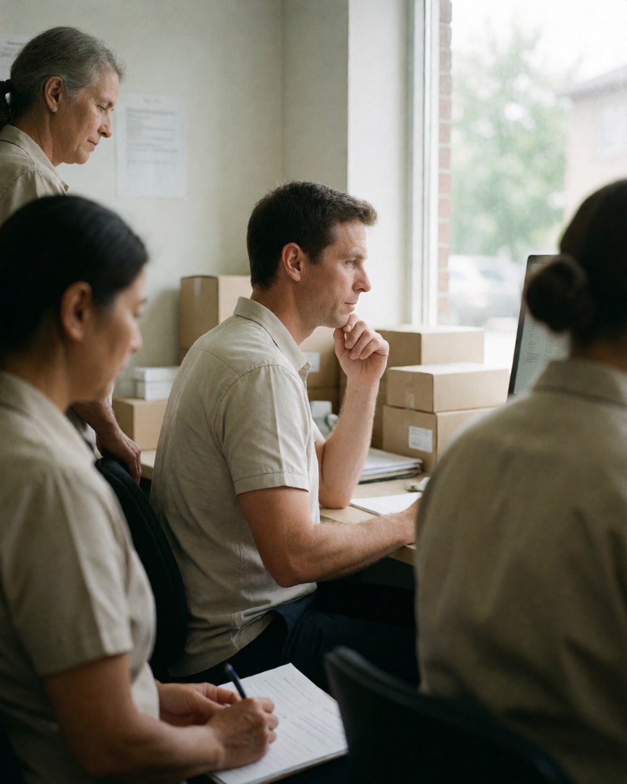Four people working in an office with natural light, one woman takes notes, one man looks at a computer, and cardboard boxes are in the background.